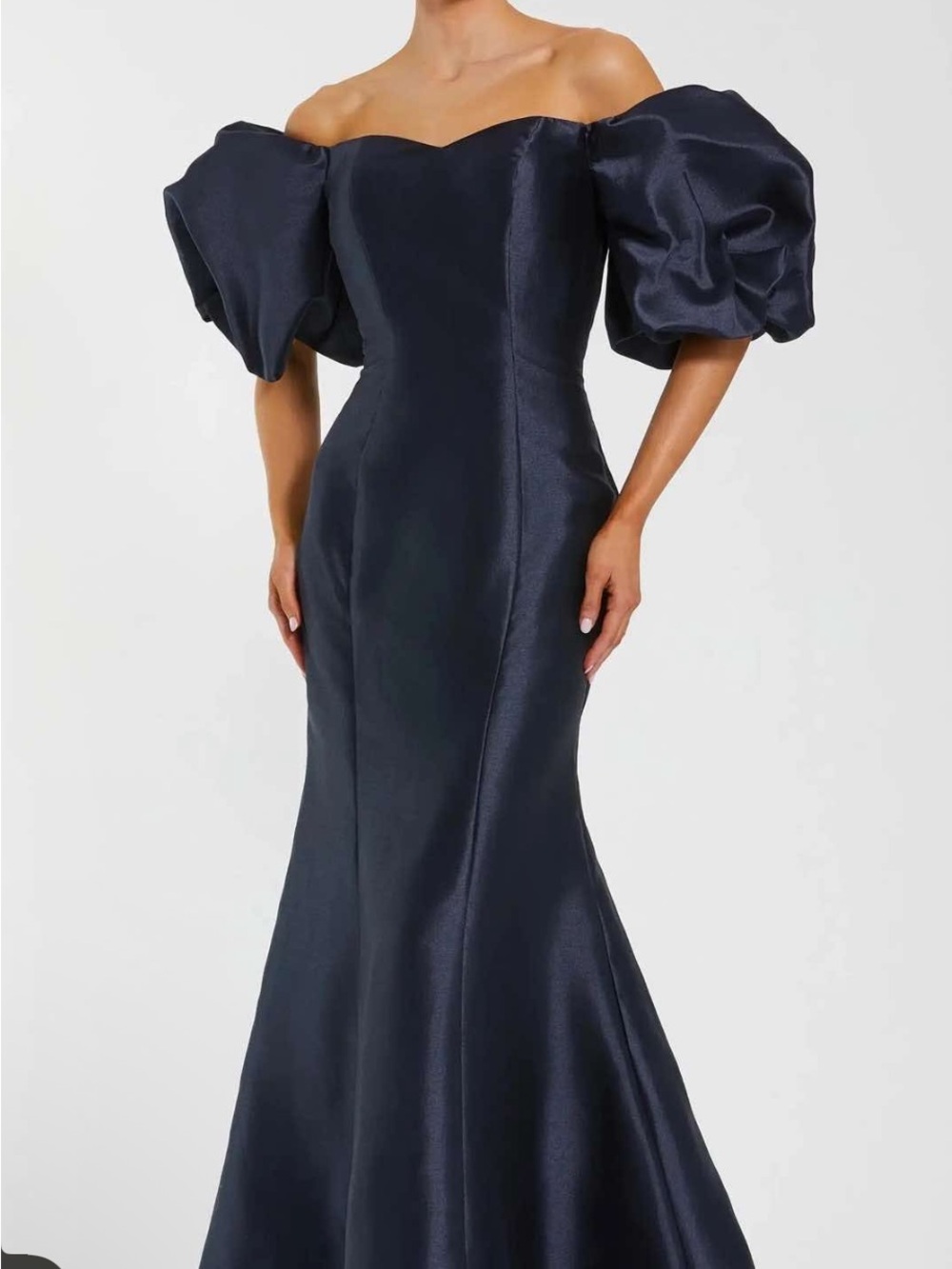 Mac Duggal Navy One-Shoulder Gown with Dramatic Puff Sleeves